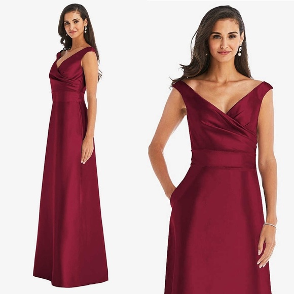 NWT ALFRED SUNG Burgundy Satin Twill Off Shoulder Draped V-Neck Ball Gown 10 - Picture 2 of 4